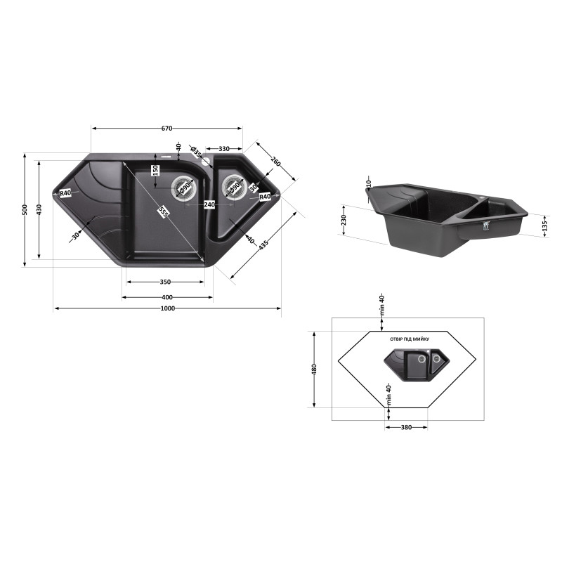 Кухонна мийка з додатковою чашею Lidz 1000x500/225 BLM-14 (LIDZBLM141000500225)