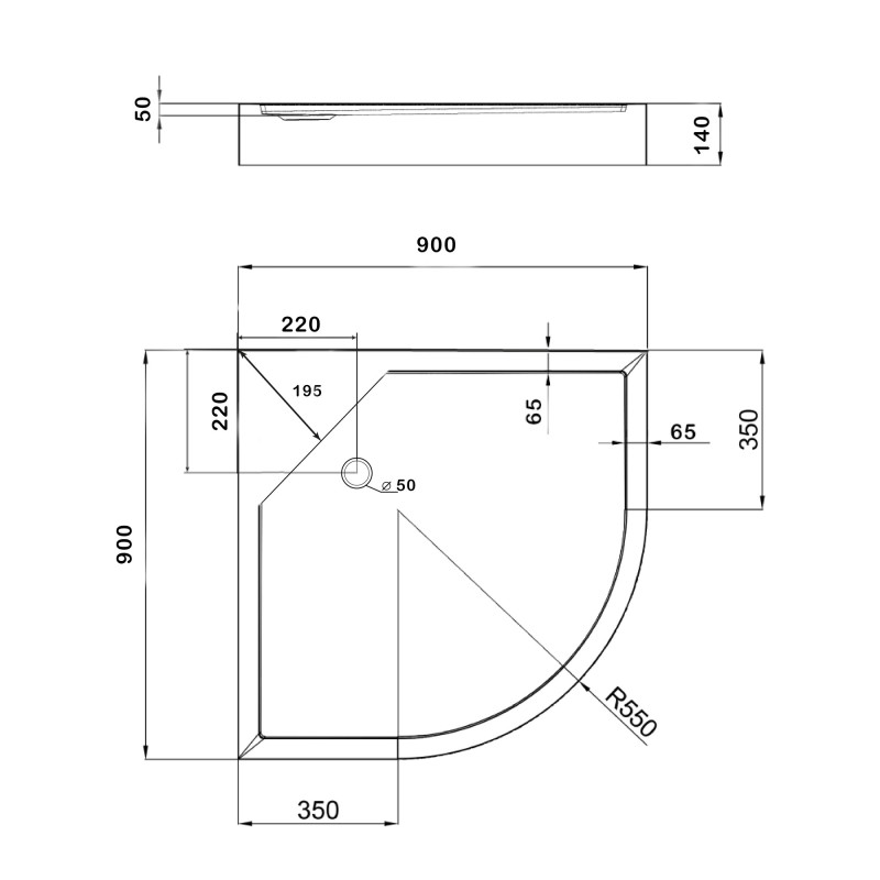 Душовий піддон Kapielka ST90x90x14 низький, напівкруглий, діаметр зливу 52 мм Lidz