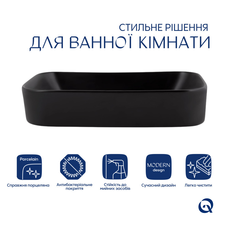 Комплект Qtap Scorpio: Раковина накладна прамокутна 550х390х120 мм Matt Black + Донний клапан PU03