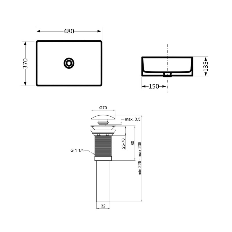 Комплект Qtap Tern: Раковина накладна прамокутна 480х370х135 мм White + Донний клапан PU02