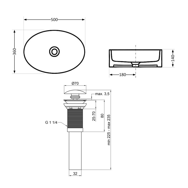 Комплект Qtap Kolibri: Раковина накладна овальна 500x360x140 мм White + Донний клапан PU02