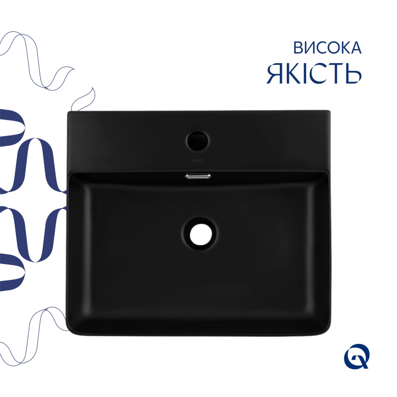 Комплект Qtap Nando LT: Раковина підвісна прамокутна 500х420х130 мм Matt Black + Донний клапан PU03O