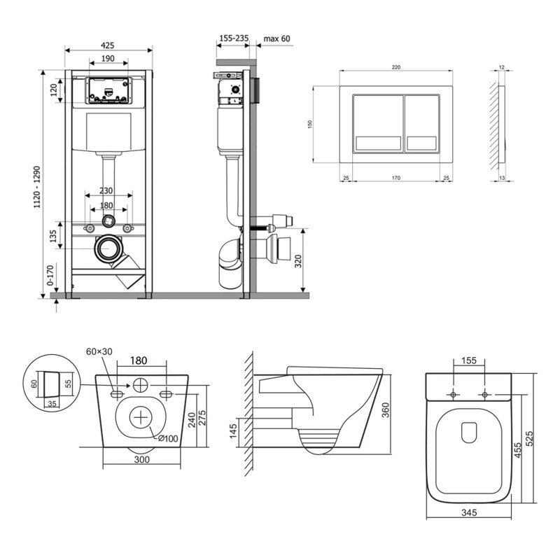 Готове рішення Qtap для ванної кімнати: підвісний унітаз Tern Ultra Quiet 525x345x360 + комплект інсталяції Nest 4 в 1 (квадратна клавіша Chrome)