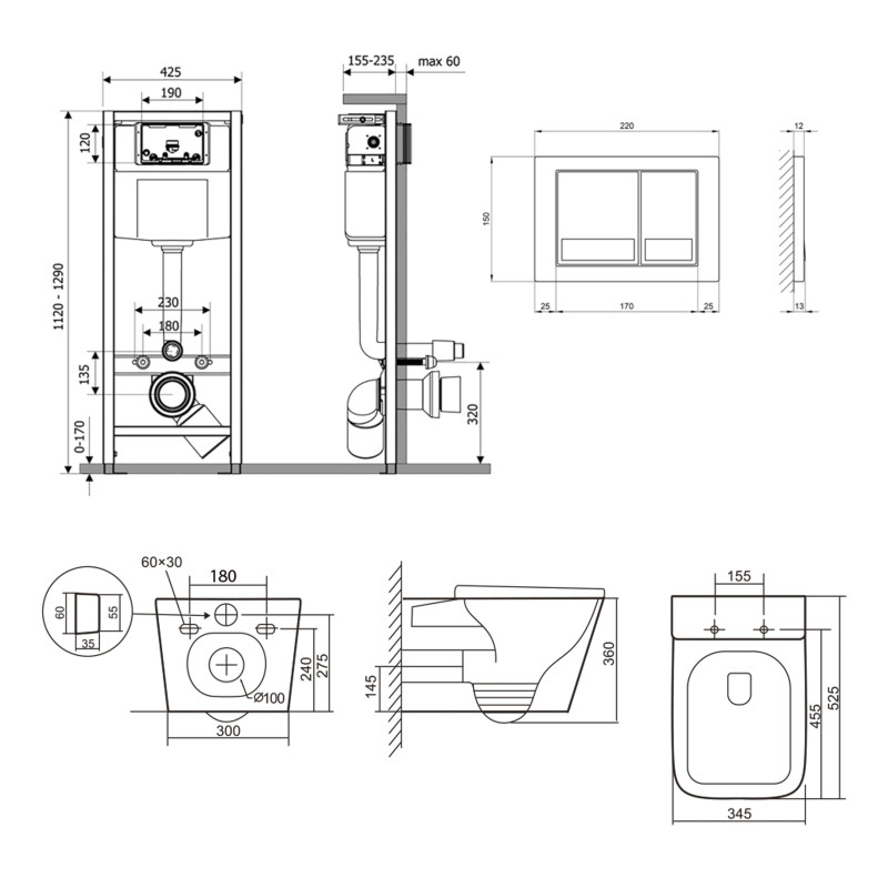 Готове рішення Qtap для ванної кімнати: підвісний унітаз Tern Ultra Quiet 525x345x360 + комплект інсталяції Nest 4 в 1 (квадратна клавіша Satin)