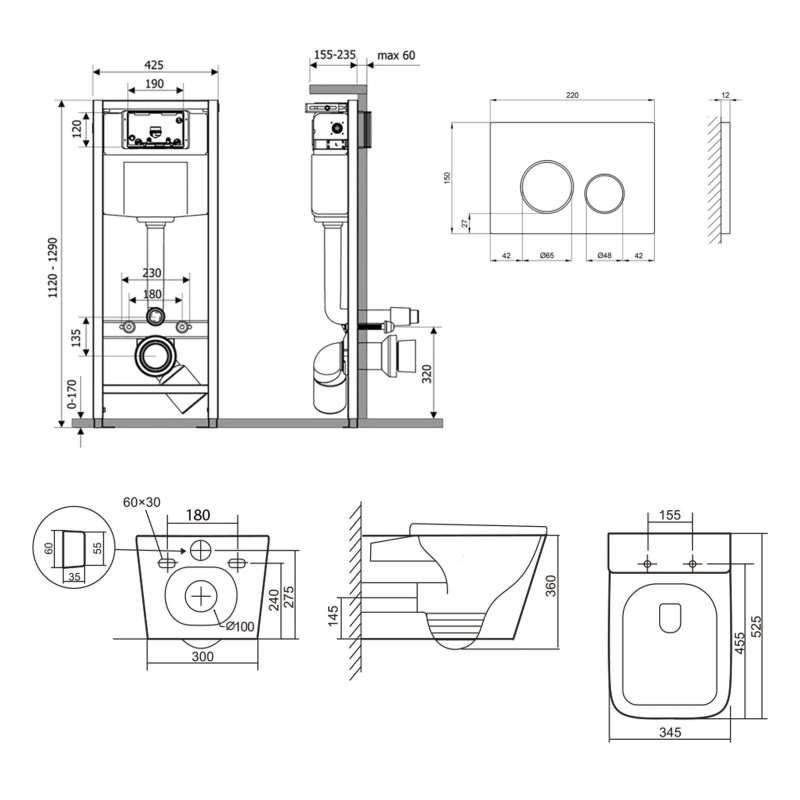Готове рішення Qtap для ванної кімнати: підвісний унітаз Tern Ultra Quiet 525x345x360 + комплект інсталяції Nest 4 в 1 (кругла клавіша Chrome)