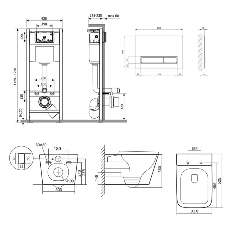 Готове рішення Qtap для ванної кімнати: підвісний унітаз Tern Ultra Quiet 525x345x360 + комплект інсталяції Nest 4 в 1 (лінійна клавіша White)