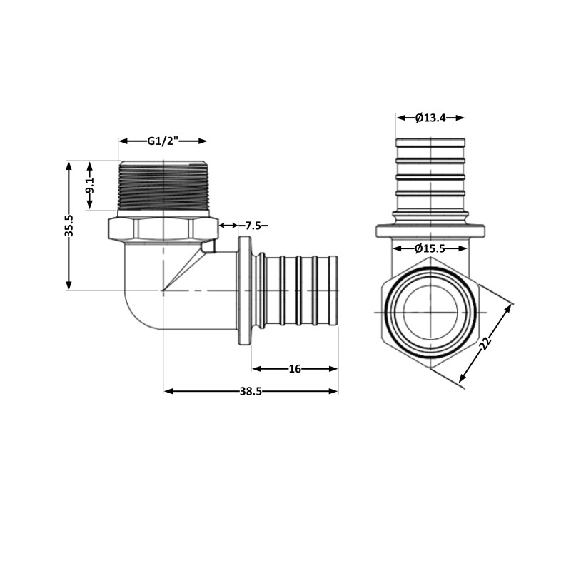 Кут натяжний Icma №1036 d16х2,2-1/2