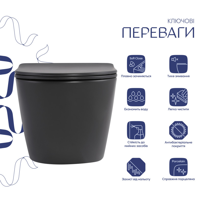 Унітаз підвісний Robin Ultra Quiet 490×365×325 мм, Anthracite, з сидінням Slim Duroplast / Soft-close / Quick Release QT13332381АSAN Qtap