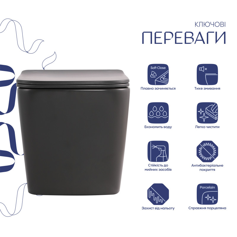Унітаз підвісний Tern Ultra Quiet 490×365×325 мм, Anthracite, з сидінням Slim Duroplast / Soft-close / Quick Release QT17332303ASAN Qtap