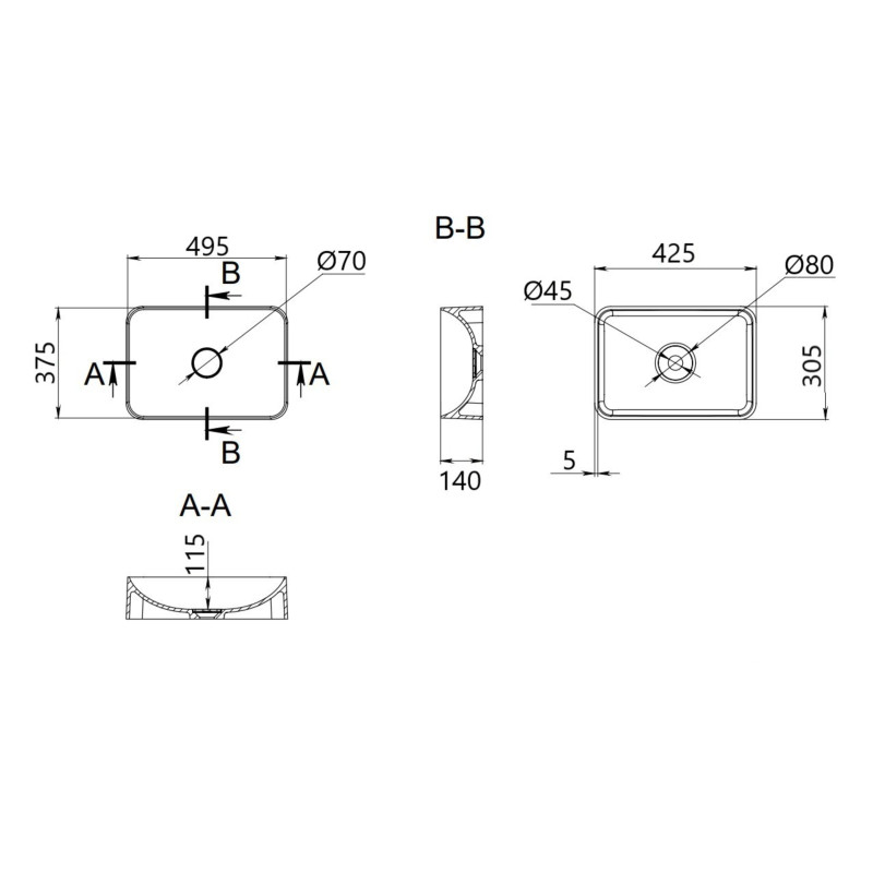 Раковина накладна Qtap Robin 500х380х140 мм, Marble, прямокутна, з донним клапаном QT04116302MR