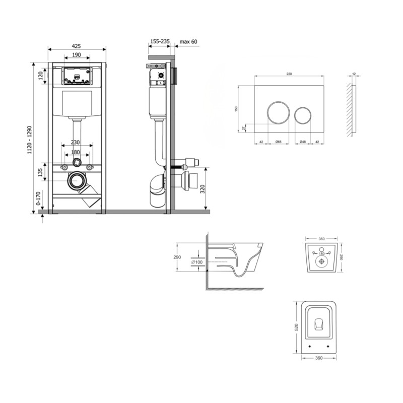 Готове рішення Qtap для ванної кімнати: підвісний унітаз Swan Ultra Quiet 520x360x320 + комплект інсталяції Nest 4 в 1 (кругла клавіша Satin)