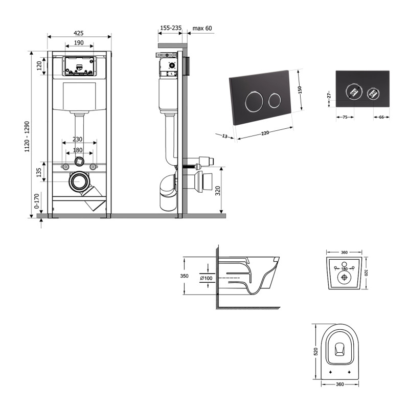 Готове рішення Qtap для ванної кімнати: підвісний унітаз Jay Ultra Quiet 520x360x320 + комплект інсталяції Nest 4 в 1 (кругла клавіша Matt Black)