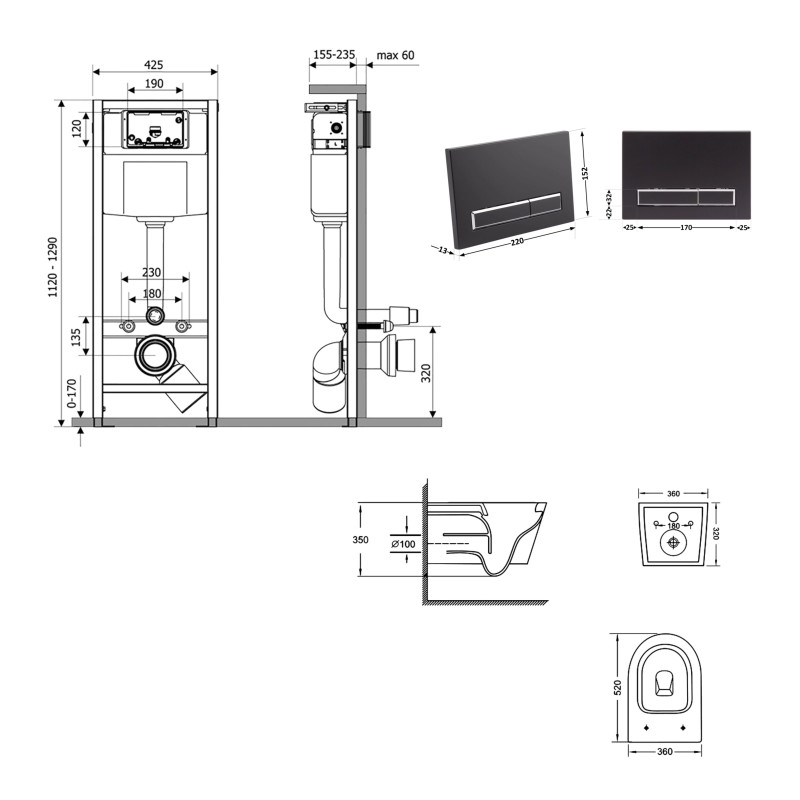 Готове рішення Qtap для ванної кімнати: підвісний унітаз Jay Ultra Quiet 520x360x320 + комплект інсталяції Nest 4 в 1 (лінійна клавіша Matt Black)