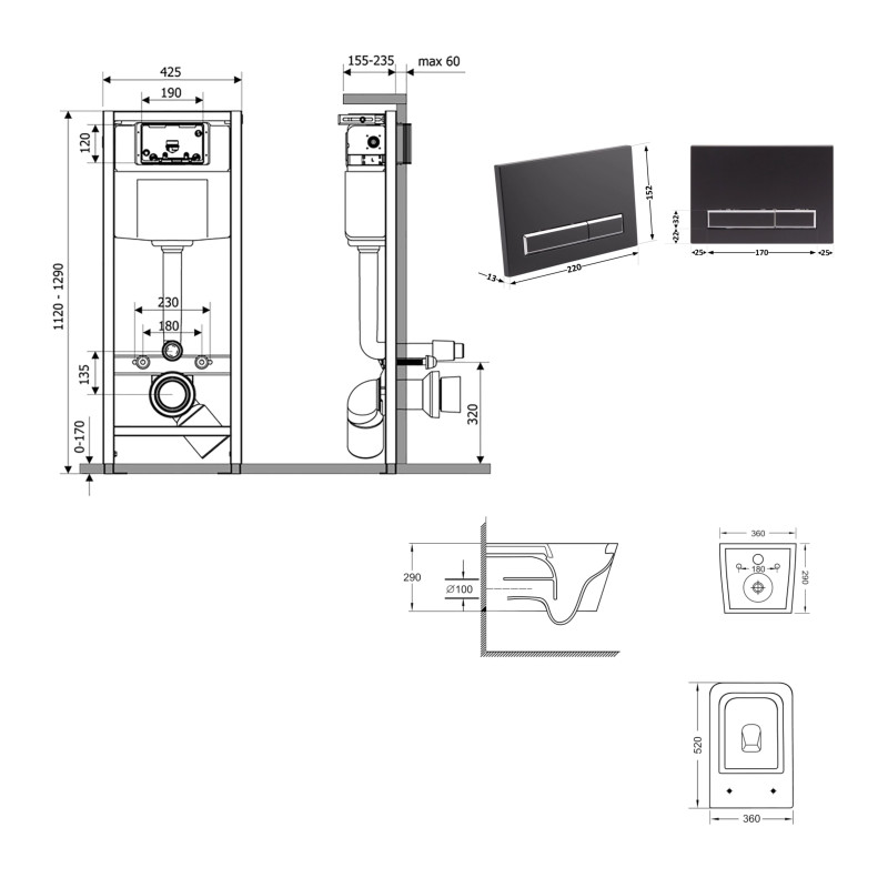 Готове рішення Qtap для ванної кімнати: підвісний унітаз Crow Ultra Quiet 520x360x290 + комплект інсталяції Nest 4 в 1 (лінійна клавіша Matt Black)