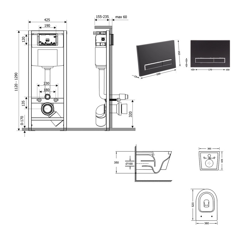 Готове рішення Qtap для ванної кімнати: підвісний унітаз Swan Ultra Quiet 520x360x320 + комплект інсталяції Nest 4 в 1 (лінійна клавіша Matt Black)
