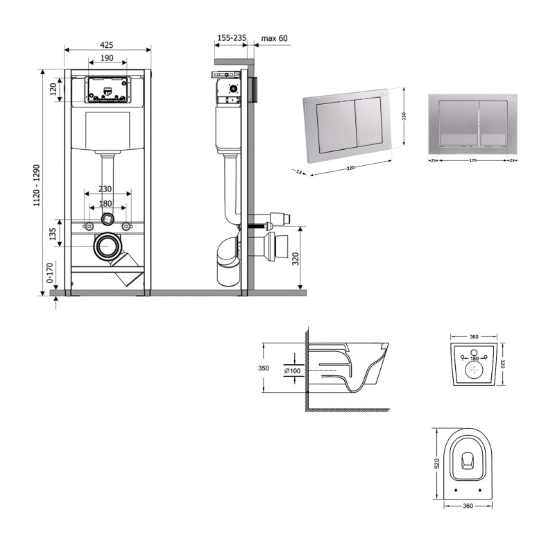 Готове рішення Qtap для ванної кімнати: підвісний унітаз Swan Ultra Quiet 520x360x320 + комплект інсталяції Nest 4 в 1 (квадратна клавіша Satin)
