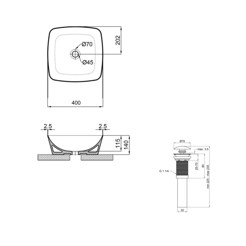 Комплект Qtap Kolibri: Раковина накладна 400x400x140 мм, White, квадратна + Донний клапан Pop-up PU02