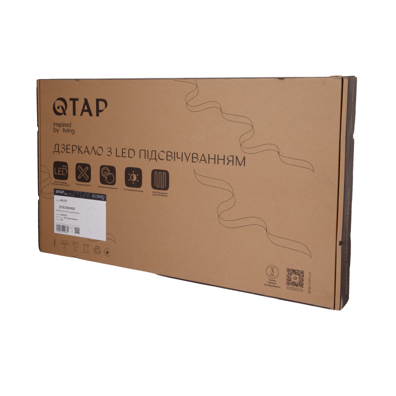Дзеркало Qtap Scorpio (SC1) з LED-підсвічуванням Touch, з антизапотіванням, з димером, рег. темп. кольору (3000-6500K) Black QTSC500900