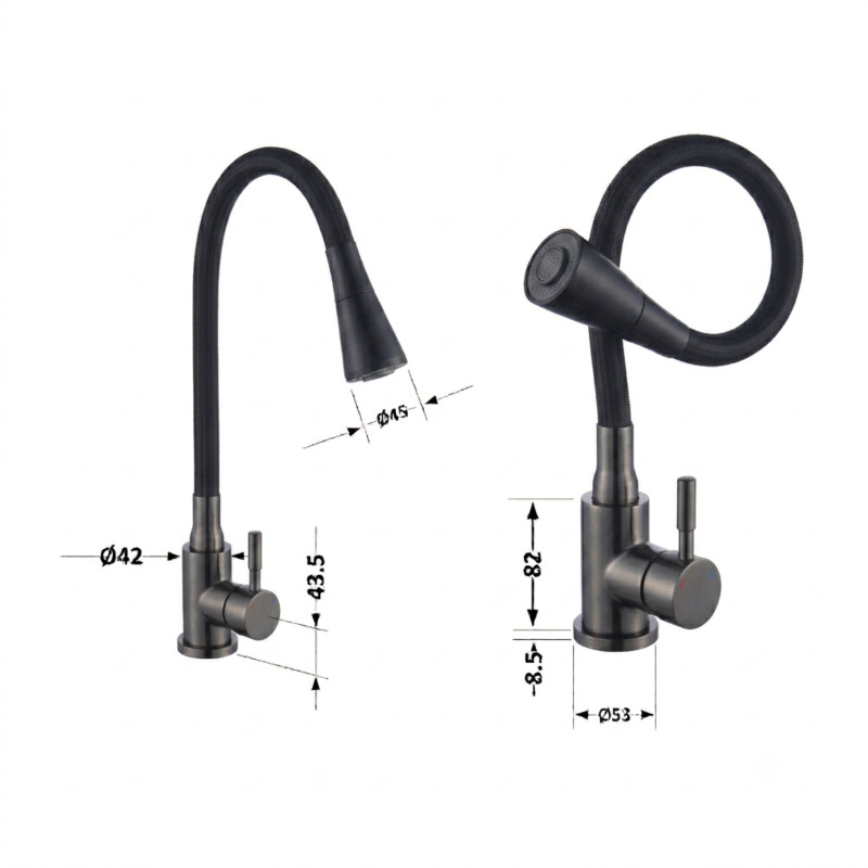 Змішувач для кухні Lidz Aria 015F31 (k35) з гнучким виливом LDARI015F31BGRP49566 Graphite/Black