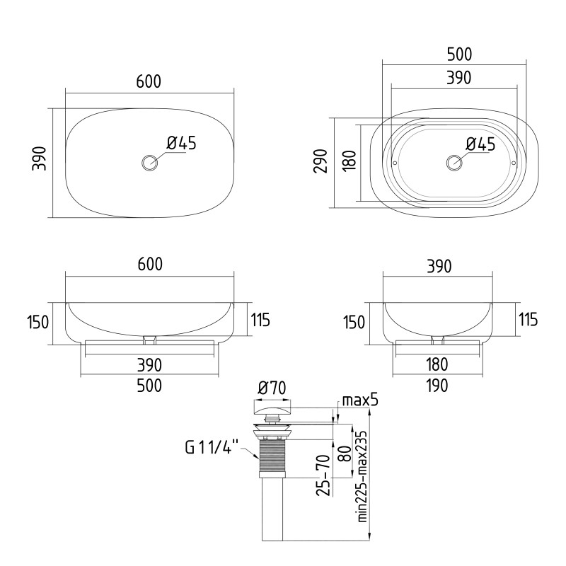 Раковина накладна Qtap Robin 600x390x150 мм, Stone grey, прямокутна, з донним клапаном QTROB188SG49786