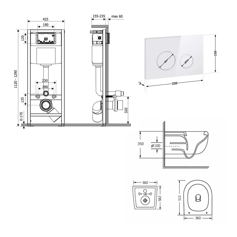 Готове рішення Qtap для ванної кімнати: підвісний унітаз Taurus Ultra Quiet 515×360×350 + комплект інсталяції Nest 4 в 1 (кругла клавіша White)