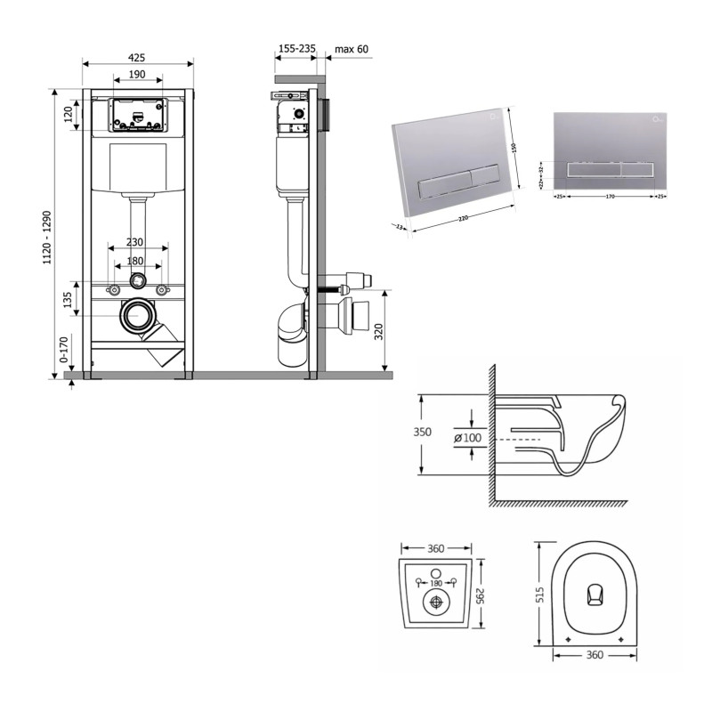Готове рішення Qtap для ванної кімнати: підвісний унітаз Taurus Ultra Quiet 515×360×350 + комплект інсталяції Nest 4 в 1 (лінійна клавіша Satin)