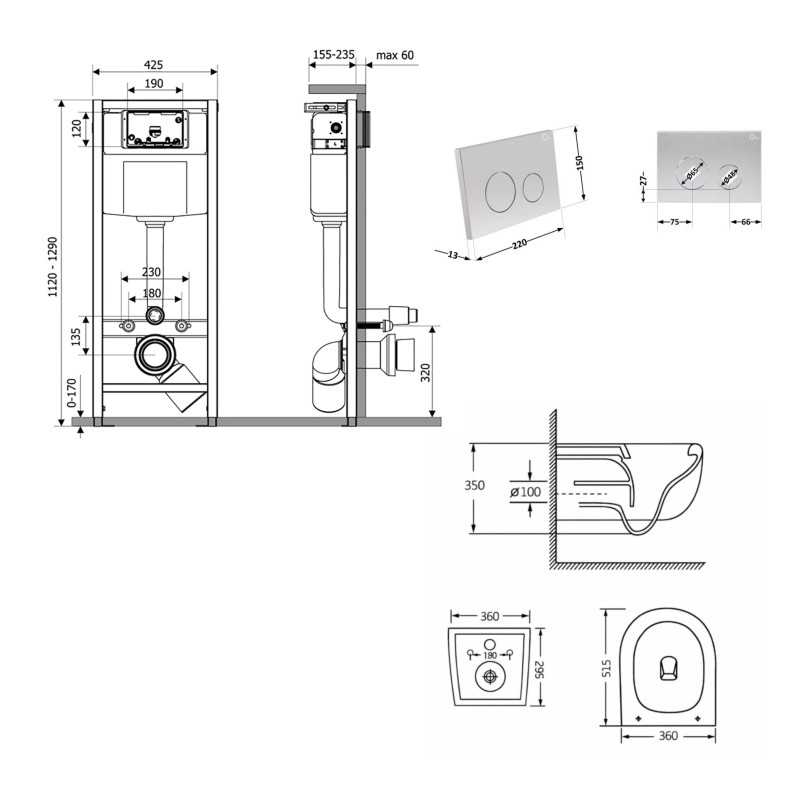 Готове рішення Qtap для ванної кімнати: підвісний унітаз Taurus Ultra Quiet 515×360×350 + комплект інсталяції Nest 4 в 1 (кругла клавіша Satin)