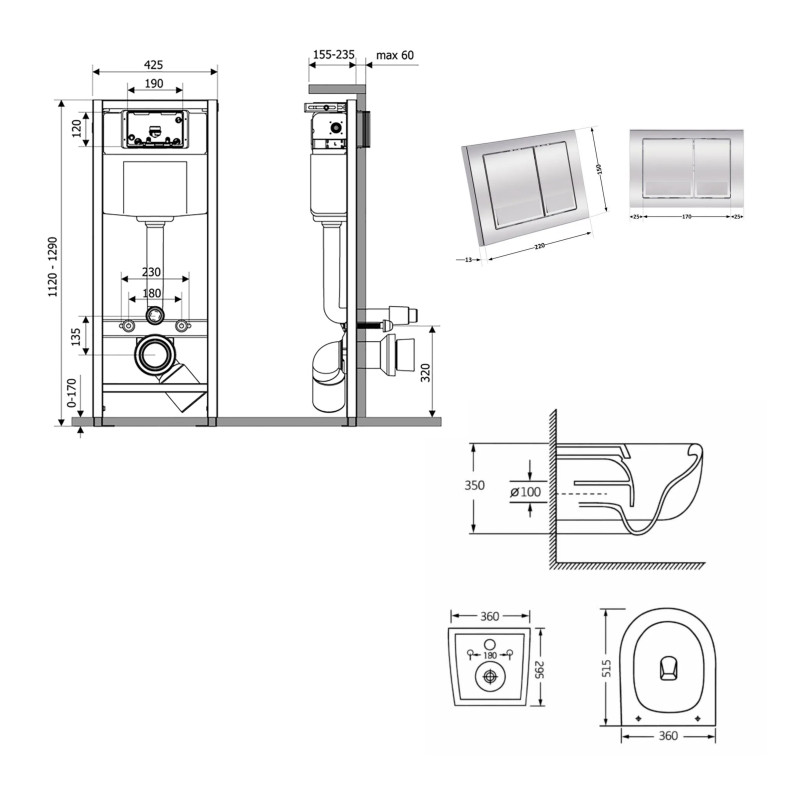 Готове рішення Qtap для ванної кімнати: підвісний унітаз Taurus Ultra Quiet 515×360×350 + комплект інсталяції Nest 4 в 1 (квадратна клавіша Chrome)