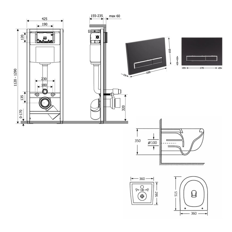Готове рішення Qtap для ванної кімнати: підвісний унітаз Taurus Ultra Quiet 515×360×350  + комплект інсталяції Nest 4 в 1 (лінійна клавіша Matt Black)