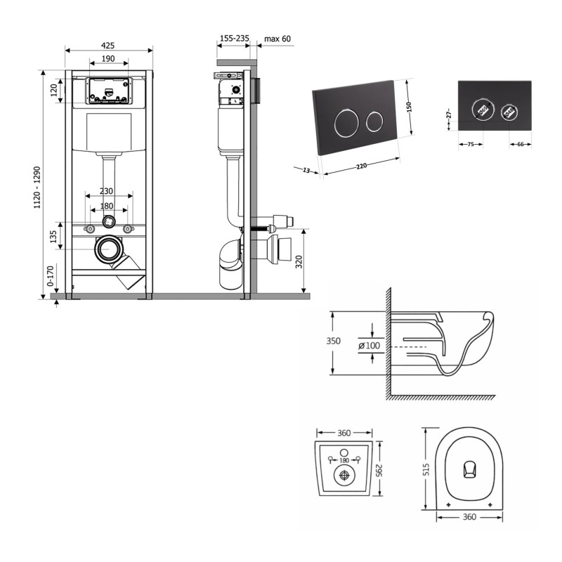 Готове рішення Qtap для ванної кімнати: підвісний унітаз Taurus Ultra Quiet 515×360×350 + комплект інсталяції Nest 4 в 1 (кругла клавіша Matt Black)