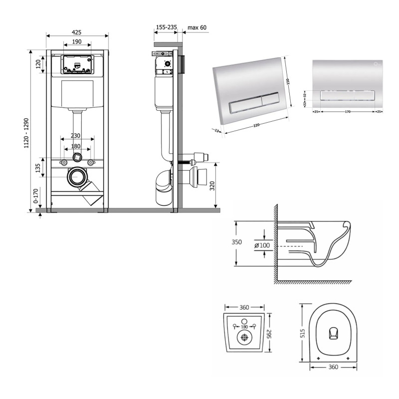 Готове рішення Qtap для ванної кімнати: підвісний унітаз Taurus Ultra Quiet 515×360×350 + комплект інсталяції Nest 4 в 1 (лінійна клавіша Chrome)