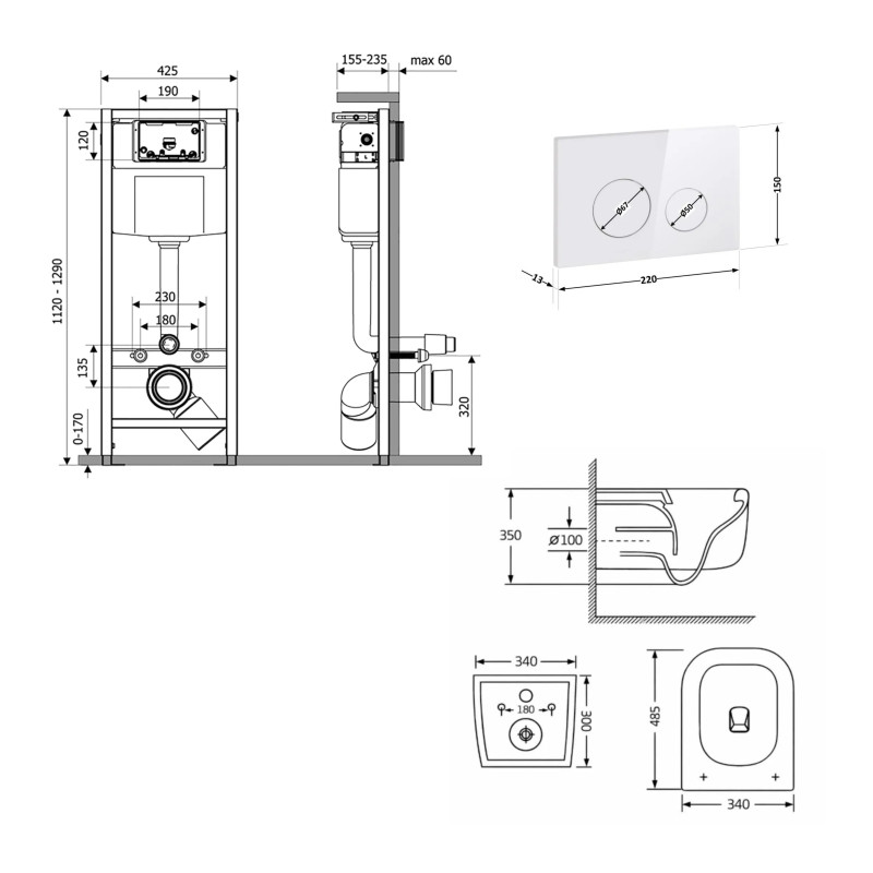 Готове рішення Qtap для ванної кімнати: підвісний унітаз Gemini Ultra Quiet 485×340×350 + комплект інсталяції Nest 4 в 1 (кругла клавіша White)