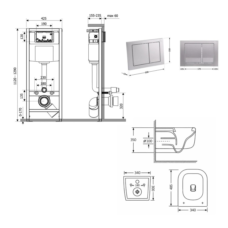 Готове рішення Qtap для ванної кімнати: підвісний унітаз Gemini Ultra Quiet 485×340×350 + комплект інсталяції Nest 4 в 1 (квадратна клавіша Satin)