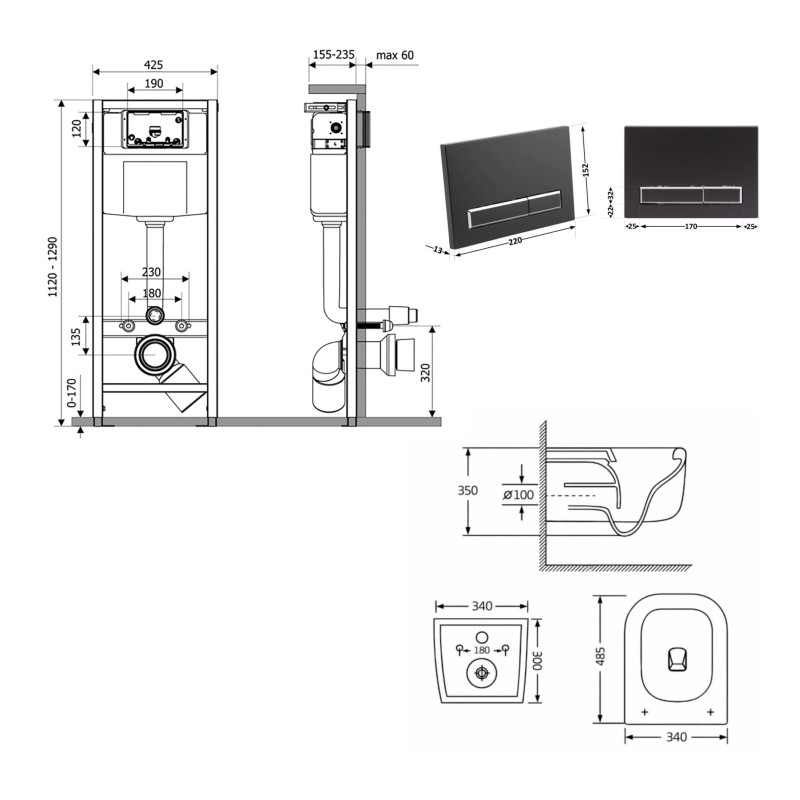 Готове рішення Qtap для ванної кімнати: підвісний унітаз Gemini Ultra Quiet 485×340×350  + комплект інсталяції Nest 4 в 1 (лінійна клавіша Matt Black)