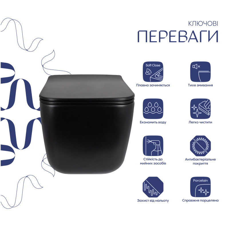 Унітаз підвісний Qtap Gemini Ultra Quiet 485×340×350 мм, Matt Black, з сидінням Slim Duroplast / Soft-close / Quick Release QTGEM28BLM50505