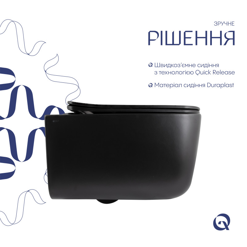 Унітаз підвісний Qtap Gemini Ultra Quiet 485×340×350 мм, Matt Black, з сидінням Slim Duroplast / Soft-close / Quick Release QTGEM28BLM50505