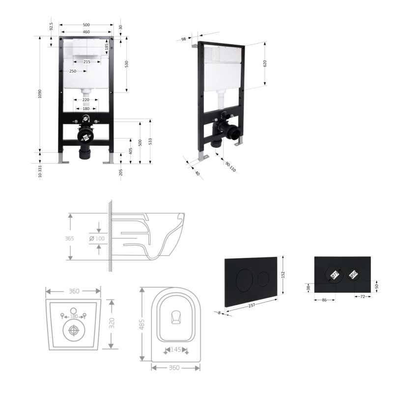 Готове рішення Qtap для ванної кімнати: підвісний унітаз Jay Rimless 485x360x320 + комплект інсталяції Standard (кругла клавіша Black)