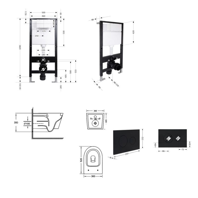 Готове рішення Qtap для ванної кімнати: підвісний унітаз Jay Ultra Quiet 520x360x320 + комплект інсталяції Standard (кругла клавіша Black)