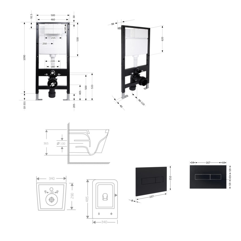 Готове рішення Qtap для ванної кімнати: підвісний унітаз Crow Rimless 485x340x330 + комплект інсталяції Standard (лінійна клавіша Black)