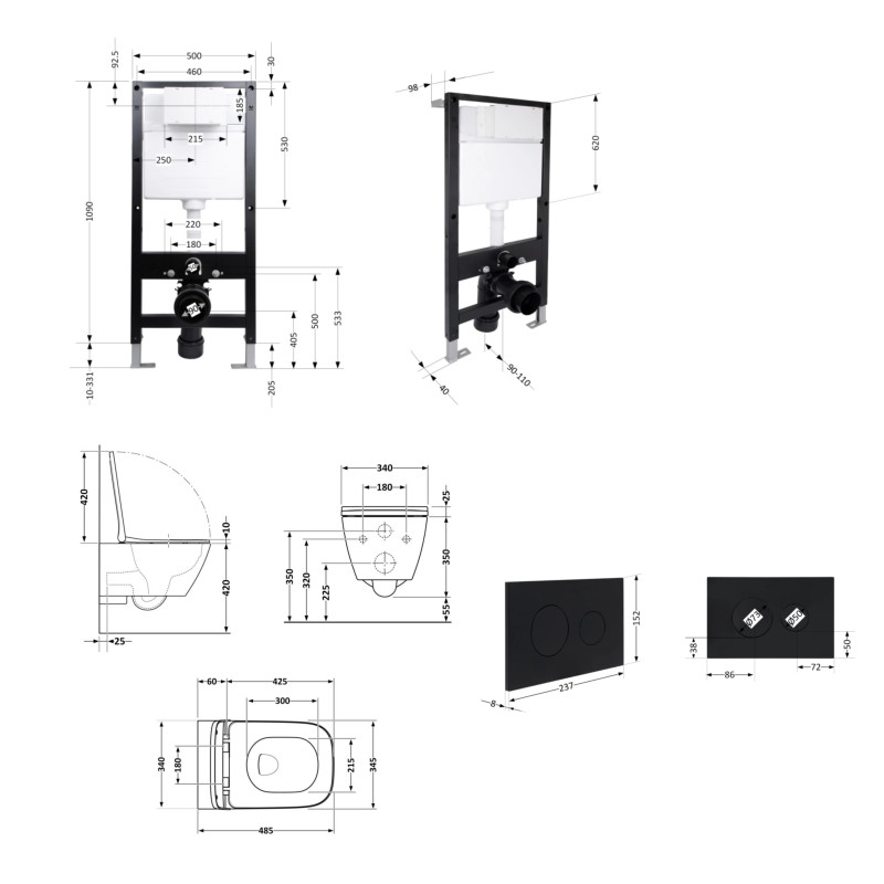 Готове рішення Qtap для ванної кімнати: підвісний унітаз Crow Ultra Quiet 485x340x290 + комплект інсталяції Standard (кругла клавіша Black)