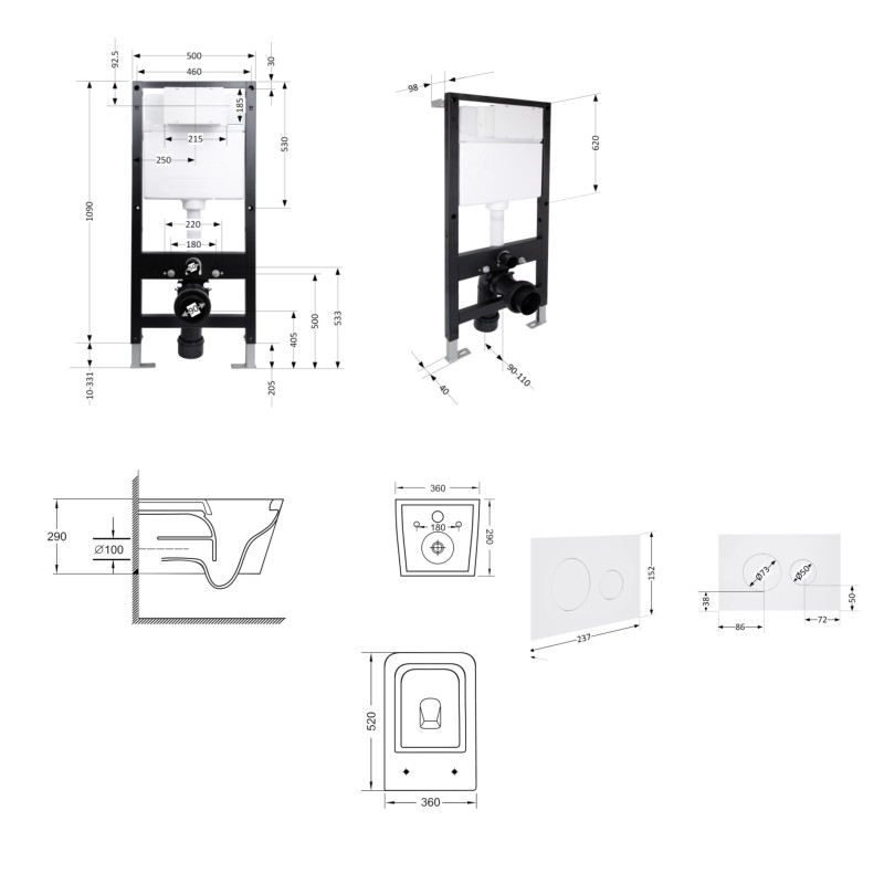 Готове рішення Qtap для ванної кімнати: підвісний унітаз Crow Ultra Quiet 520x360x290 + комплект інсталяції Standard (кругла клавіша White)