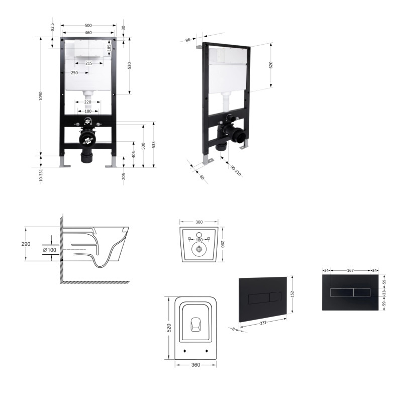 Готове рішення Qtap для ванної кімнати: підвісний унітаз Crow Ultra Quiet 520x360x290 + комплект інсталяції Standard (лінійна клавіша Black)