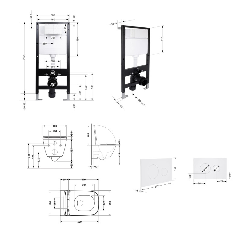 Готове рішення Qtap для ванної кімнати: підвісний унітаз Crow Rimless 520x360x290 + комплект інсталяції Standard (кругла клавіша White)