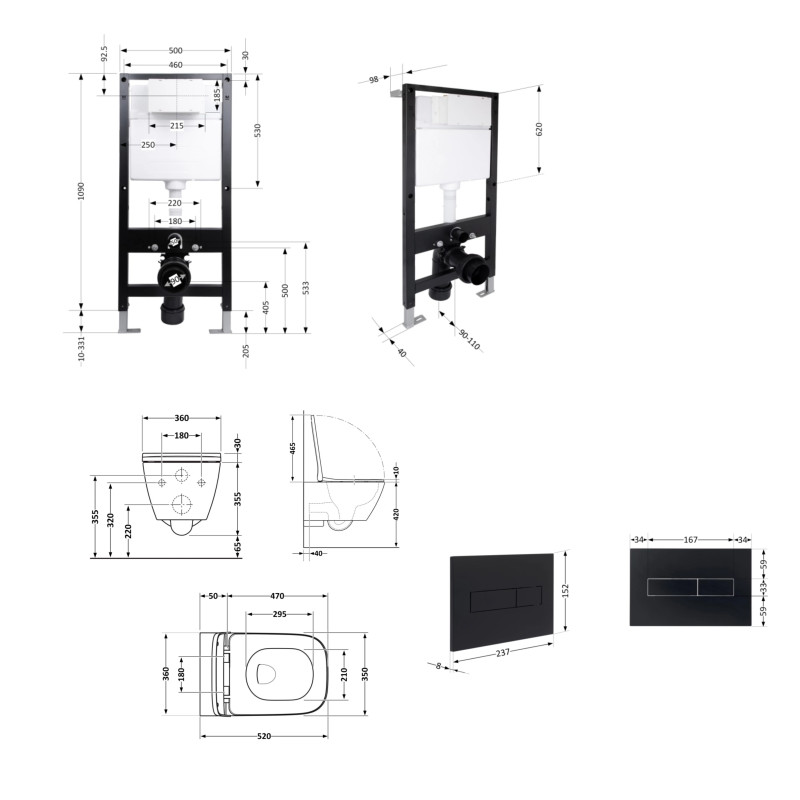 Готове рішення Qtap для ванної кімнати: підвісний унітаз Crow Rimless 520x360x290 + комплект інсталяції Standard (лінійна клавіша Black)