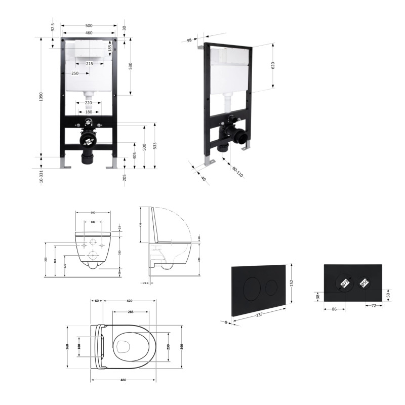 Готове рішення Qtap для ванної кімнати: підвісний унітаз Swan Ultra Quiet 485x360x320 + комплект інсталяції Standard (кругла клавіша Black)