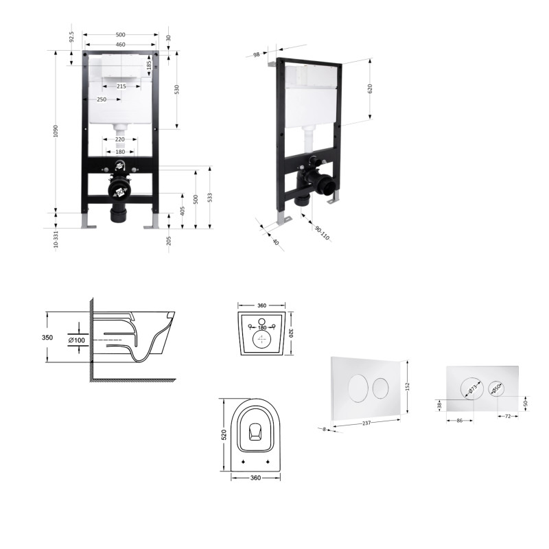 Готове рішення Qtap для ванної кімнати: підвісний унітаз Swan Ultra Quiet 520x360x320 + комплект інсталяції Standard (кругла клавіша Chrome)