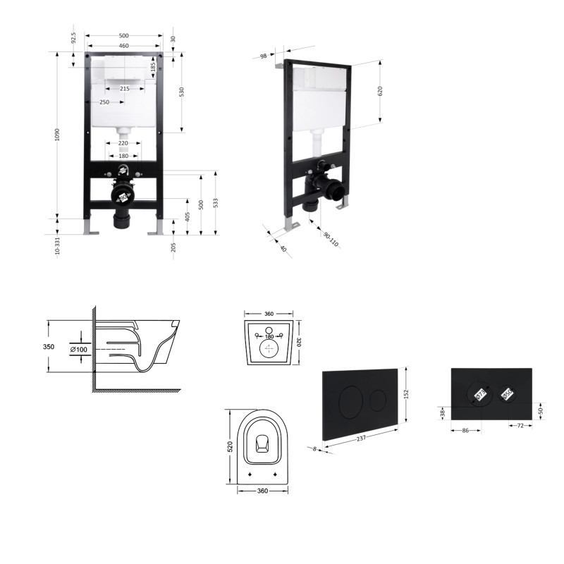 Готове рішення Qtap для ванної кімнати: підвісний унітаз Swan Ultra Quiet 520x360x320 + комплект інсталяції Standard (кругла клавіша Black)