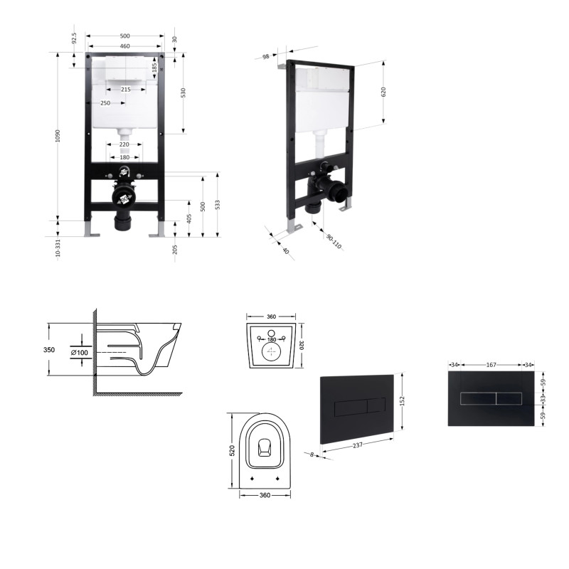 Готове рішення Qtap для ванної кімнати: підвісний унітаз Swan Ultra Quiet 520x360x320 + комплект інсталяції Standard (лінійна клавіша Black)