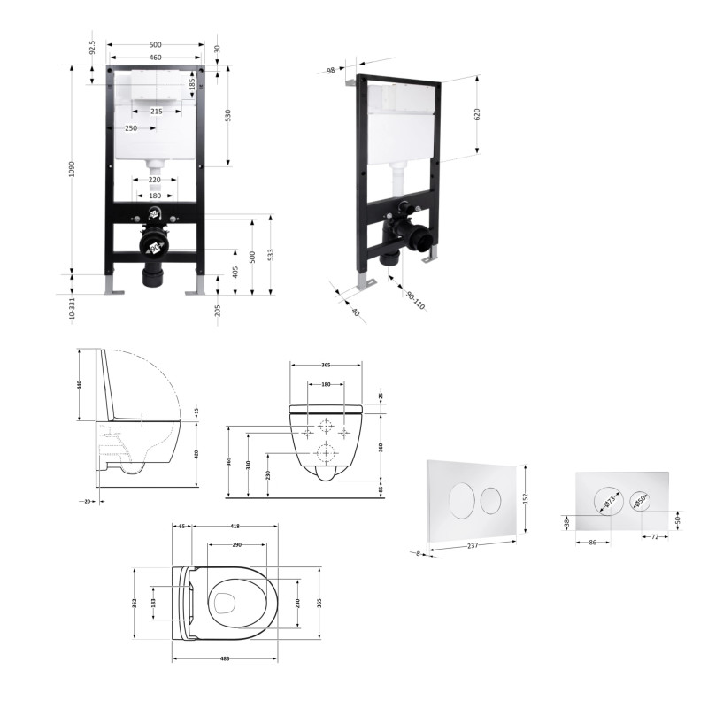 Готове рішення Qtap для ванної кімнати: підвісний унітаз Taurus Ultra Quiet 485x360x350 + комплект інсталяції Standard (кругла клавіша Chrome)