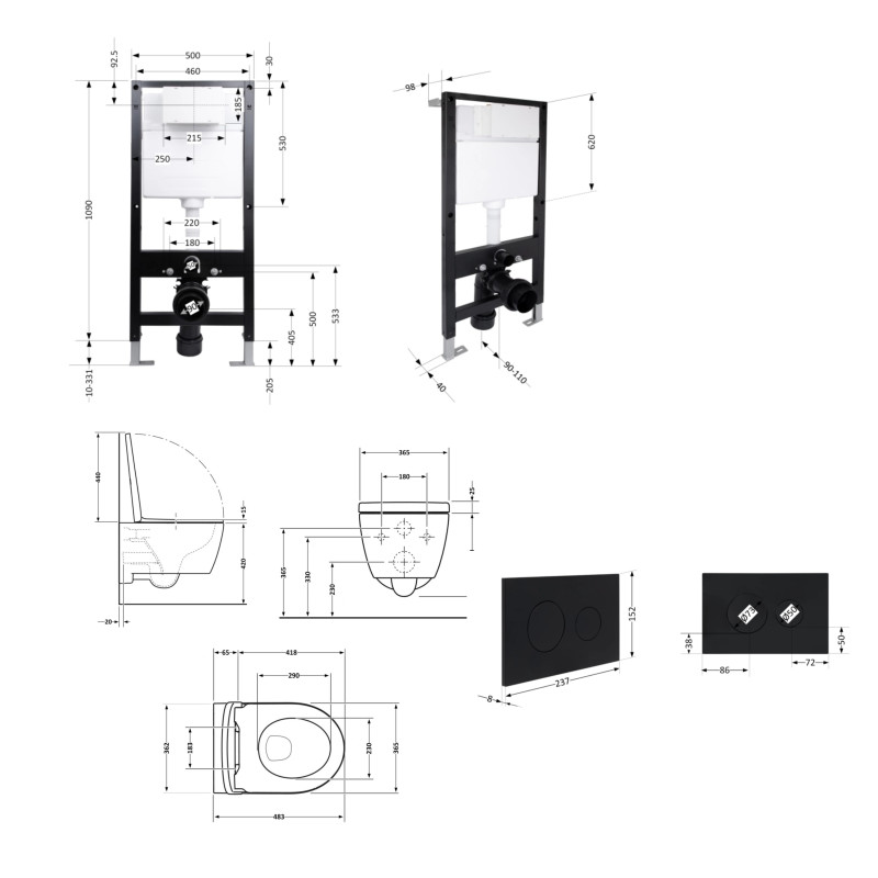 Готове рішення Qtap для ванної кімнати: підвісний унітаз Taurus Ultra Quiet 485x360x350 + комплект інсталяції Standard (кругла клавіша Black)